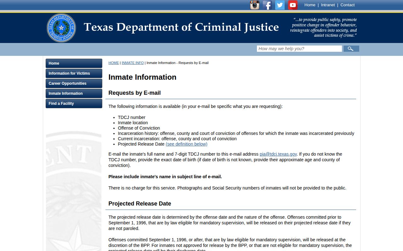 TDCJ email information instructions for incarceration history and projected release information