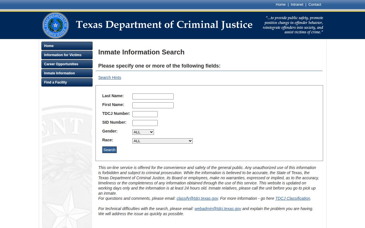 TDCJ inmate search fields and current-inmate update warnings