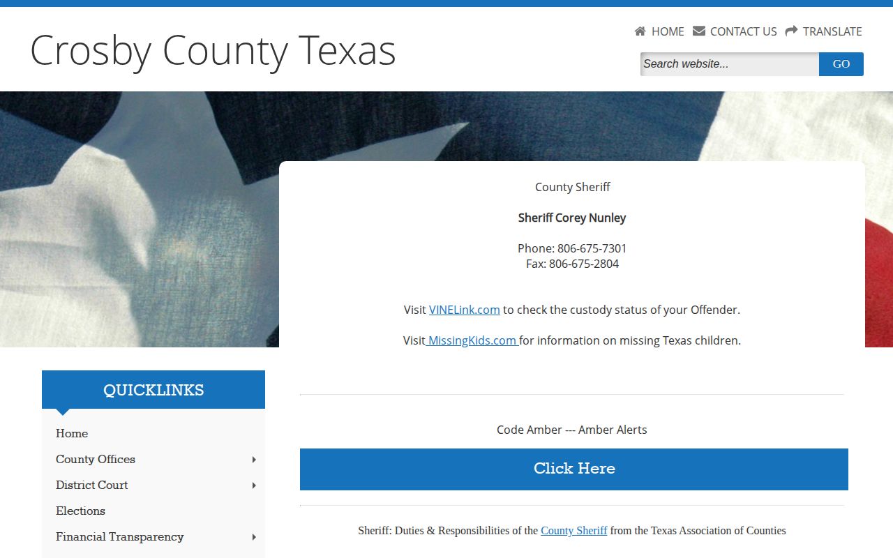 Crosby County Sheriff contact page and legacy VINELink direction