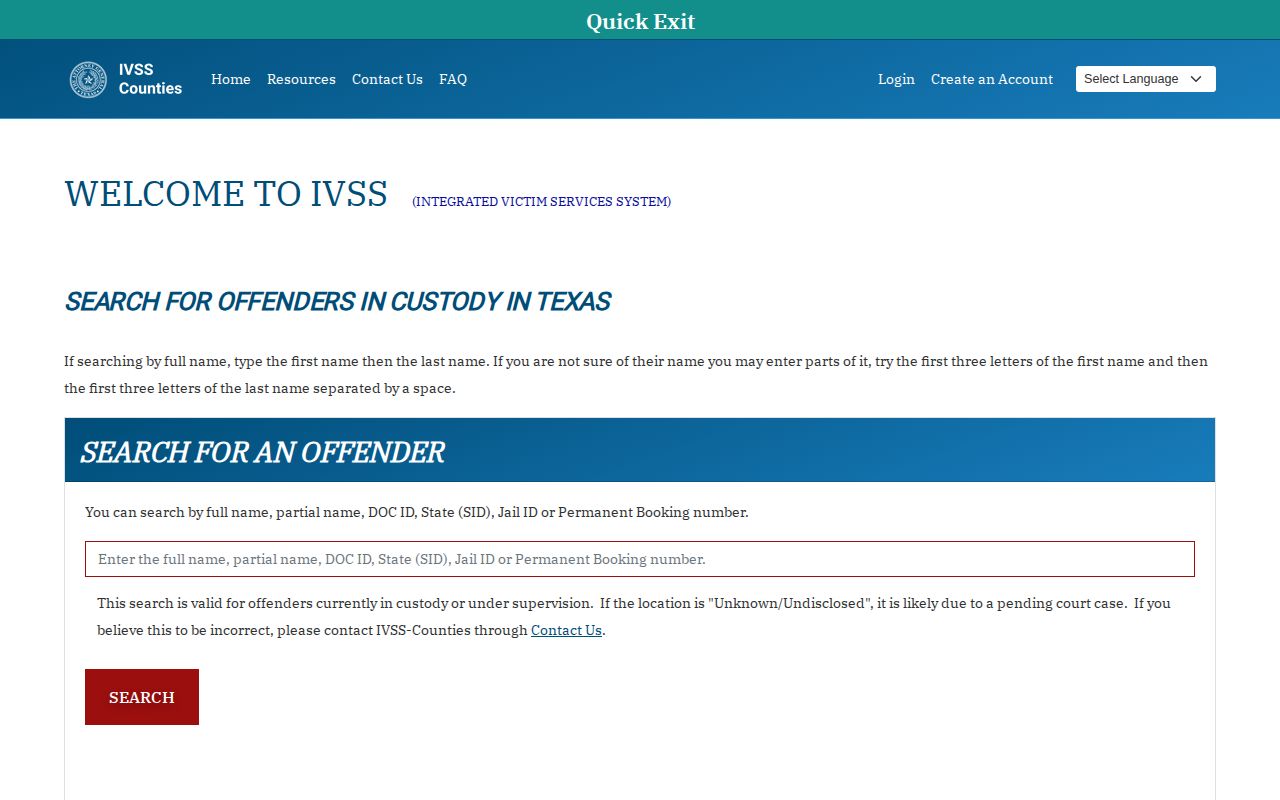 Texas IVSS search page used for Crosby County 72-hour release alerts